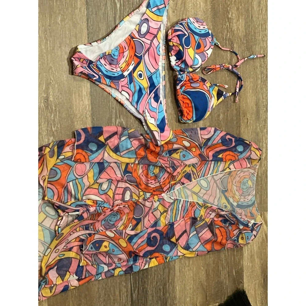 SOLY HUX Women's Printed Triangle Halter Bikini Bathing Suit‎ with Cover Up  XL